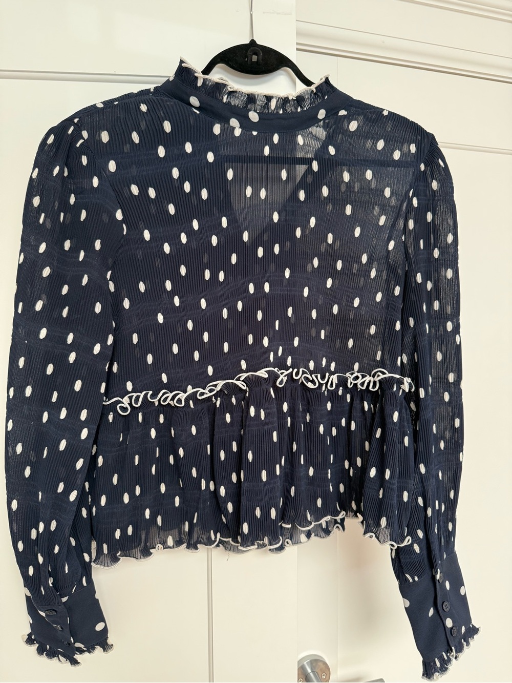 Ganni - women’s size 40 - Navy White Polka Dot Ruffled Peplum Blouse - Picture 1 of 1